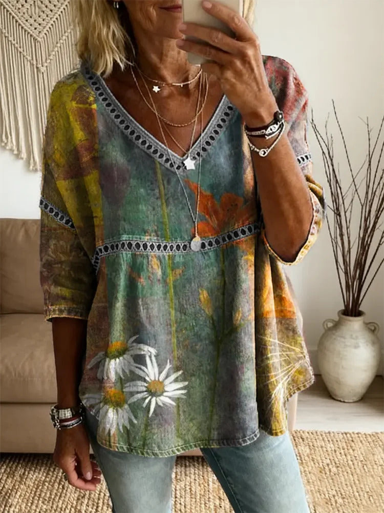 Ethnicity Retro Flowers Women's Vintage Art Print Casual V Neck Cutout Top