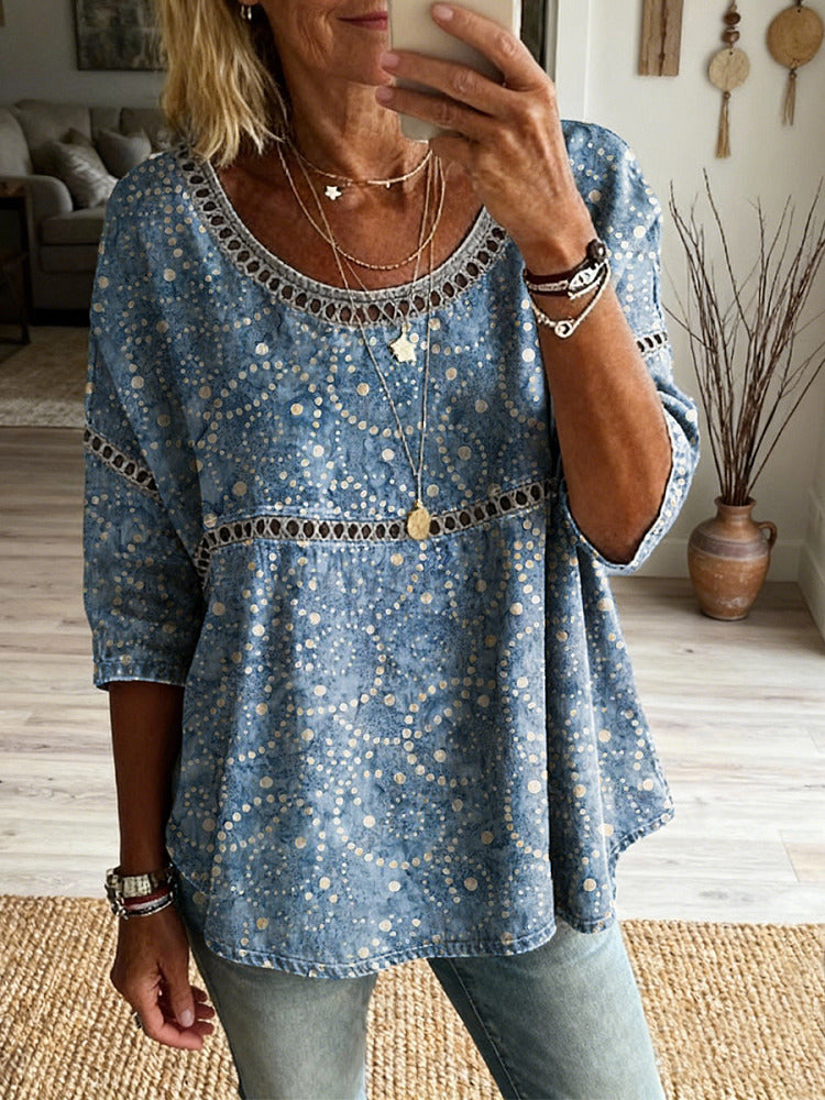 Women's Retro Ethnic Polka Dot Art Print Casual Round Neck Hollow-out Cotton Linen Top