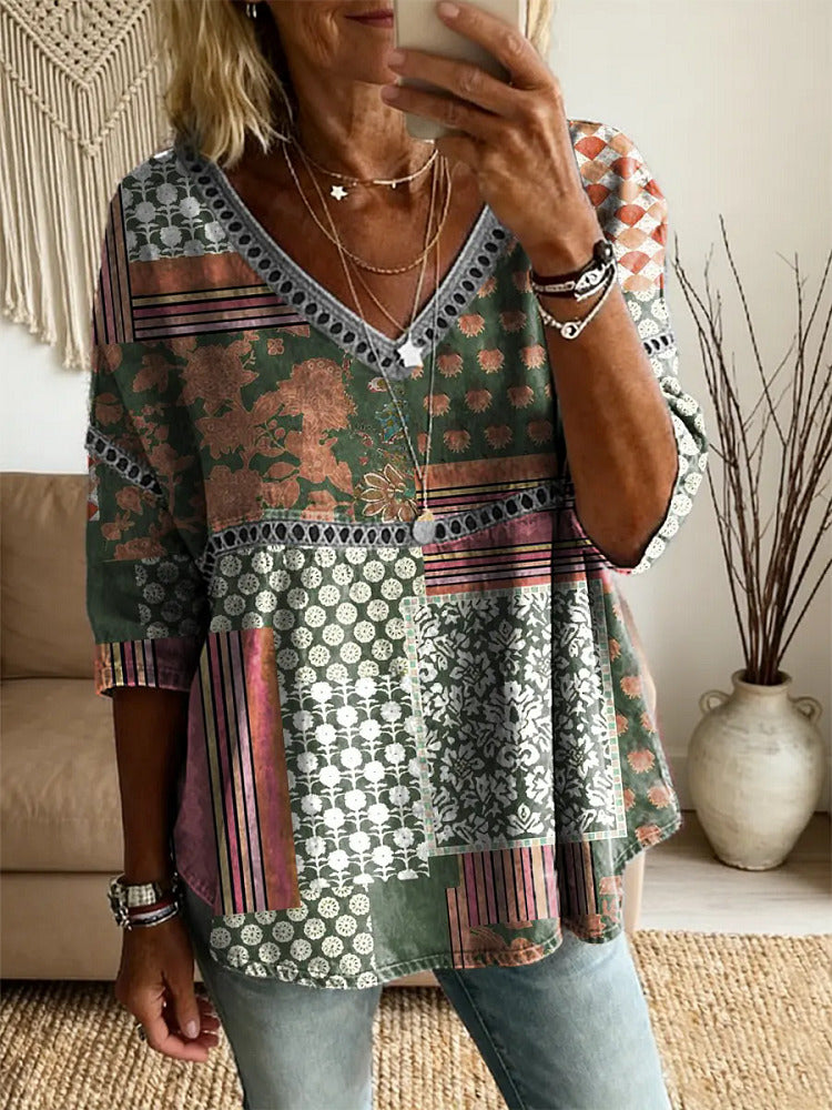Ethnicity Patchwork Flowers Women's Vintage Art Print Casual V Neck Cutout Top