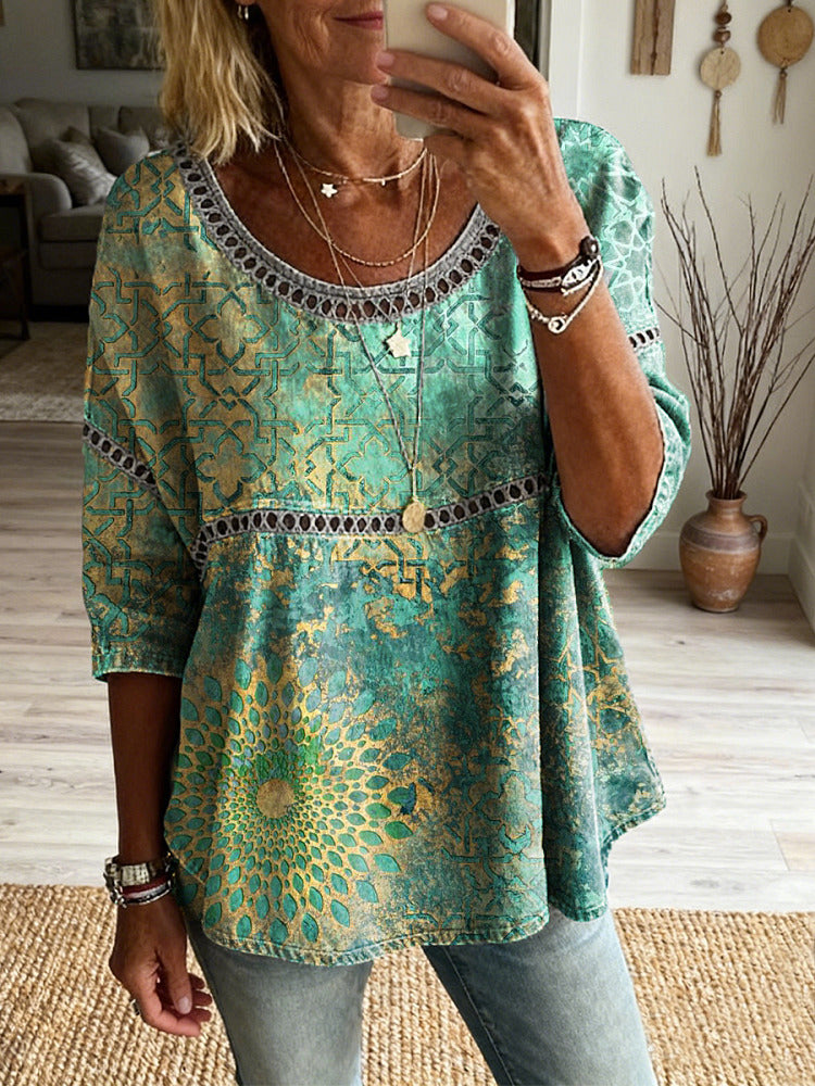 Women's Retro Colorful Ethnic Totem Art Print Casual Round Neck Hollow-out Cotton Linen Top