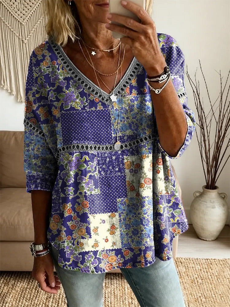 Ethnicity Patchwork Purple Flowers Women's Vintage Art Print Casual V Neck Cutout Top