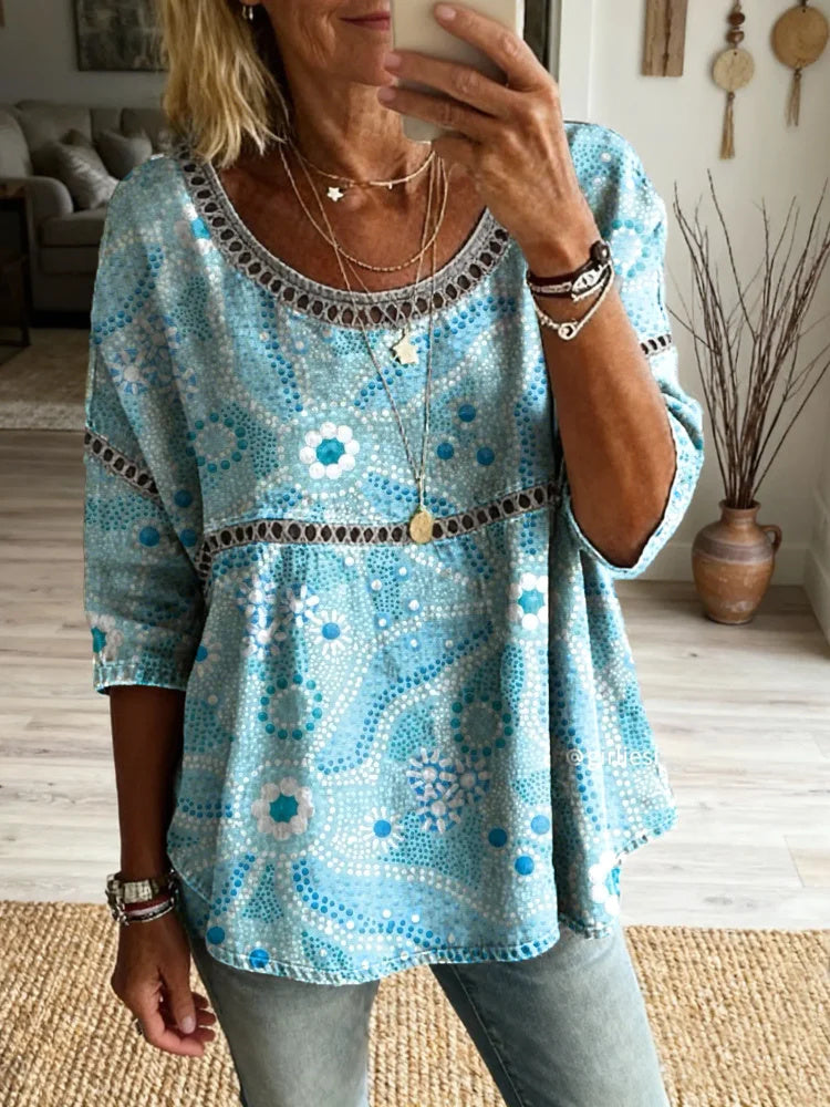 Womens Vintage Ethnic Polka Dot Floral Art Print Round Neck Cutout Cotton Top