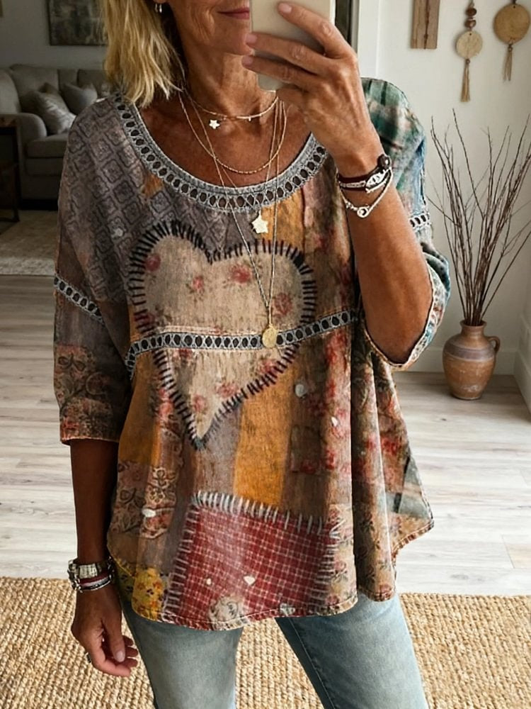 Women's Vintage Patchwork Heart Art Print Casual Round Neck Cutout Top