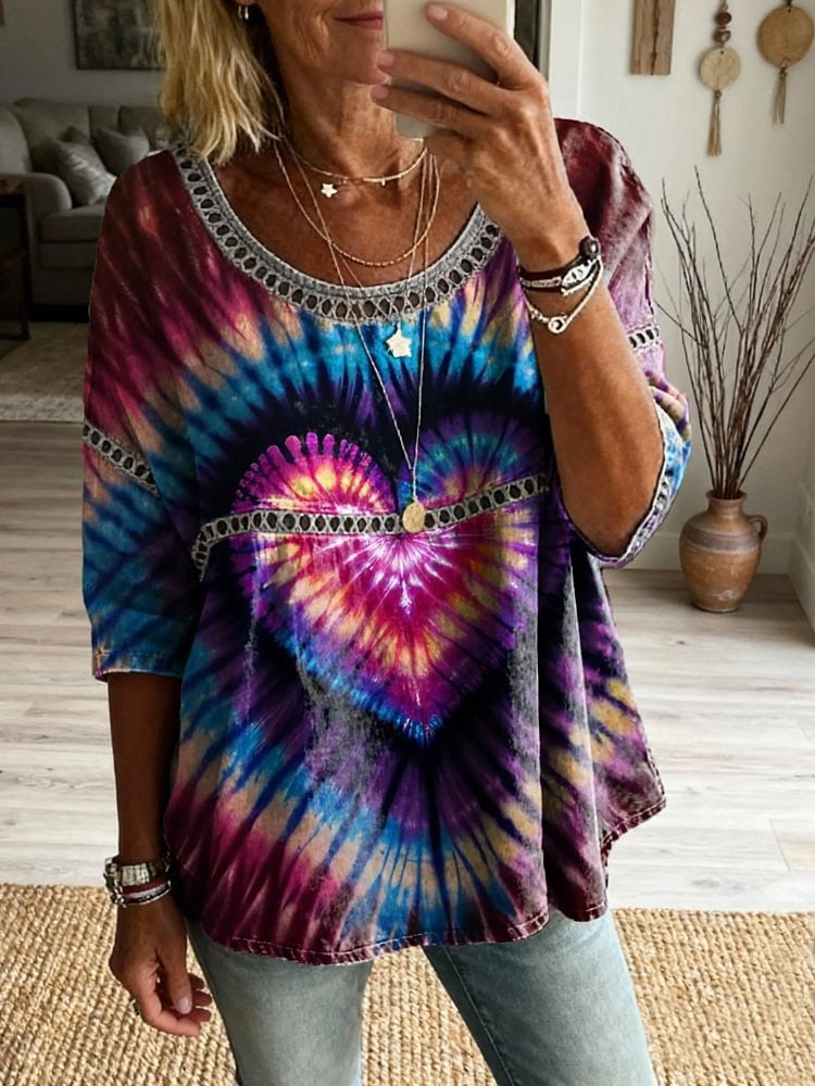 Women's Hippie Retro Tie-dye Art Print Casual Round Neck Cutout Top