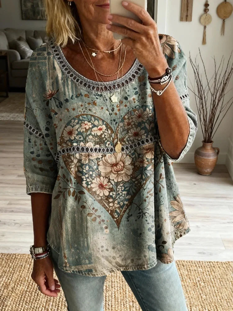 Ethnicity Bohemian Style Flowers Love Women's Vintage Art Print Casual Round Neck Cutout Top