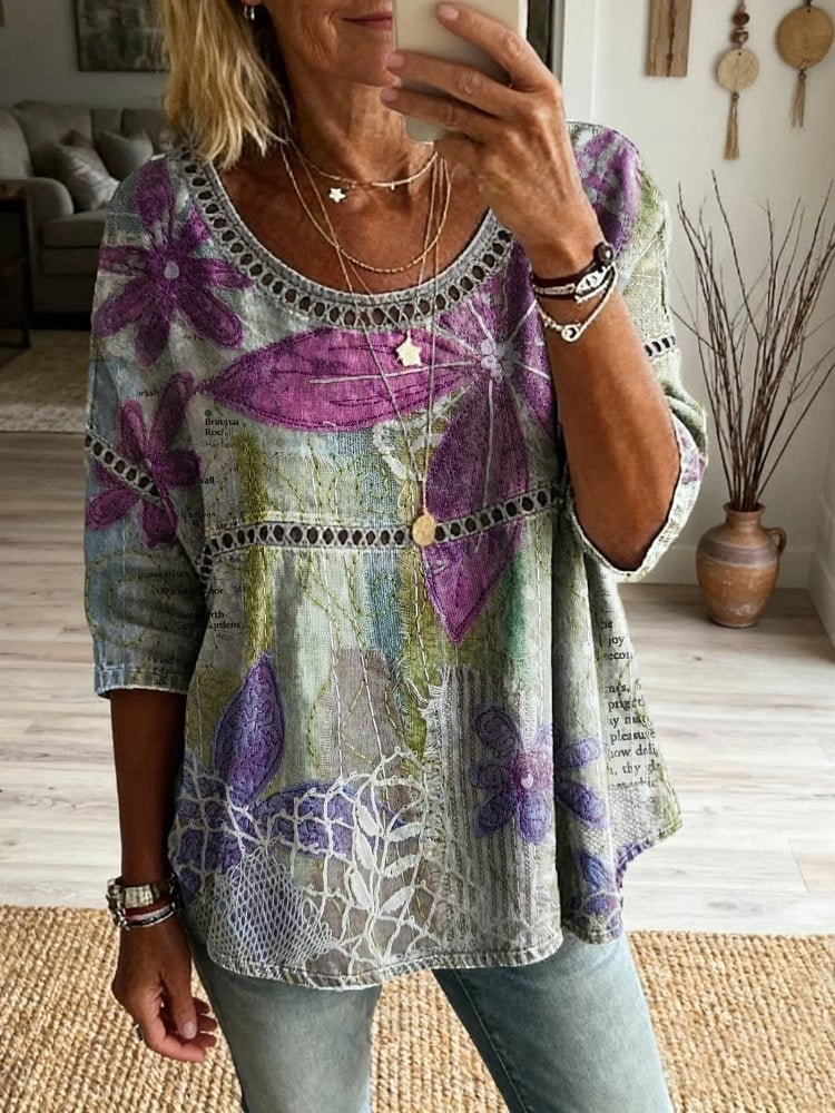 Ethnicity Flowers Patchwork Women's Vintage Art Print Casual Round Neck Cutout Top