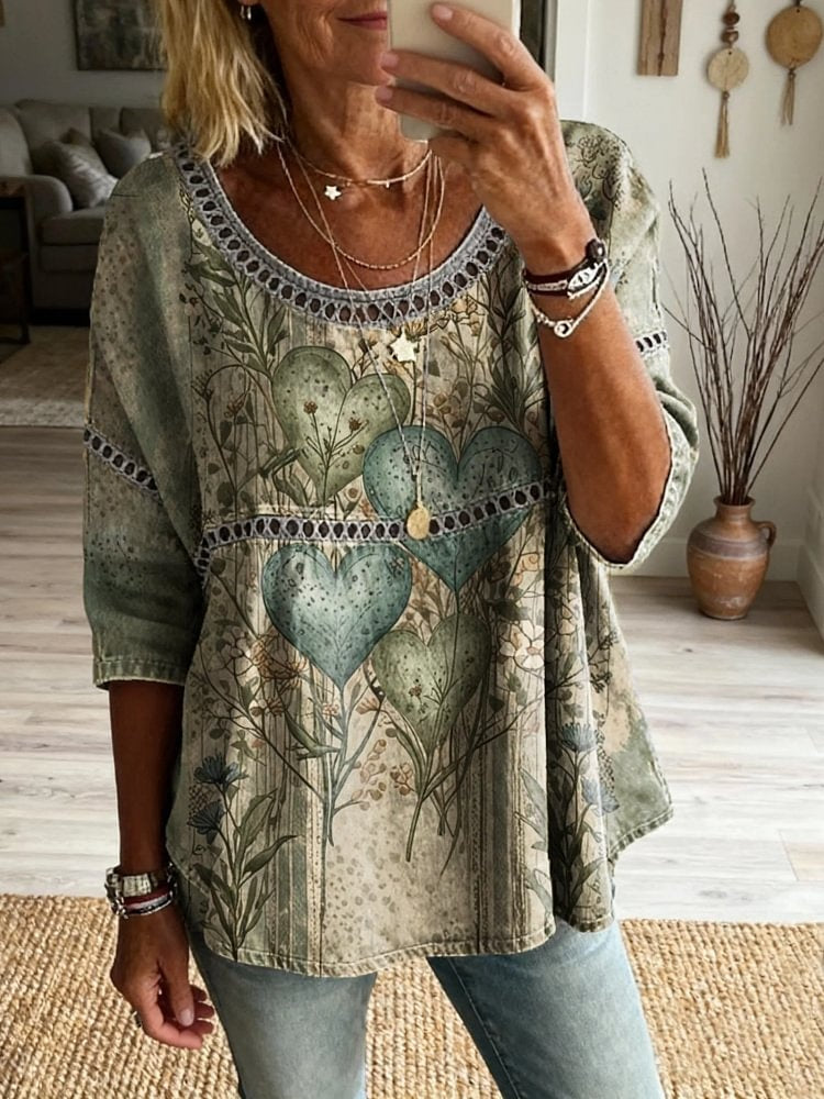 Women's Floral Heart Pattern Art Print Casual Round Neck Lace-up Top