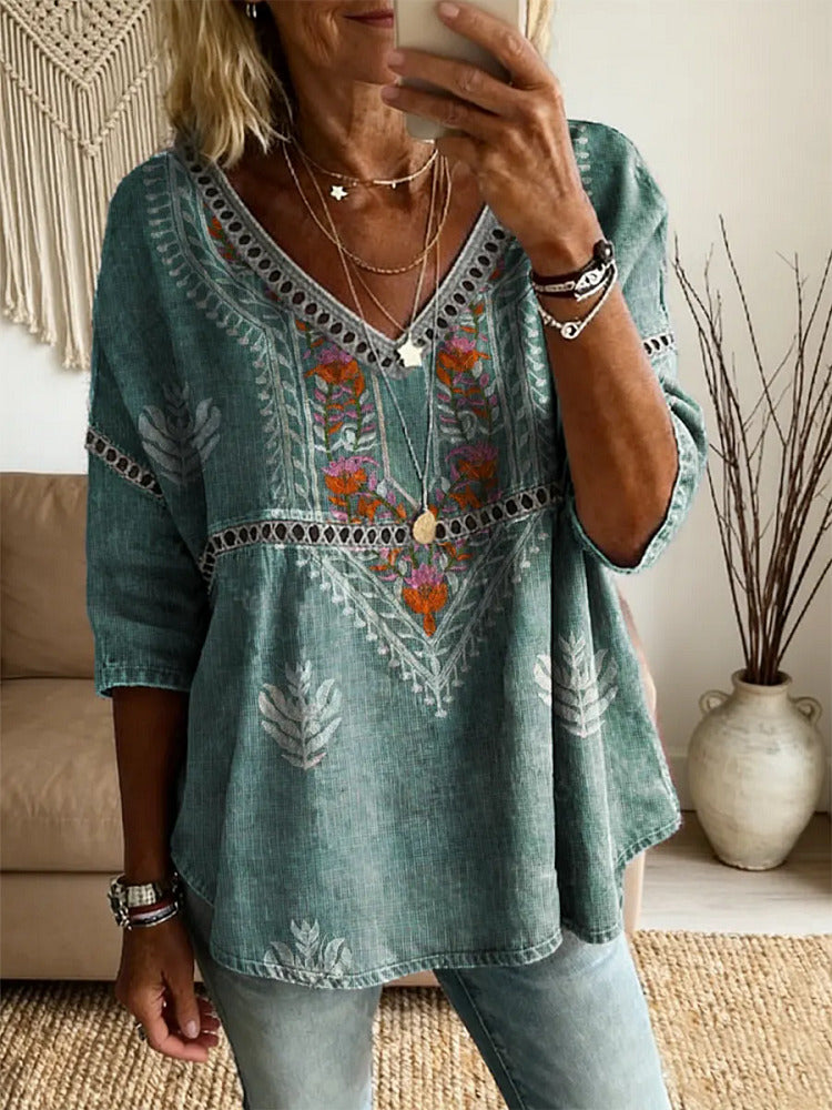 Ethnicity Bohemia Flowers Women's Art Print Casual V Neck Cutout Top