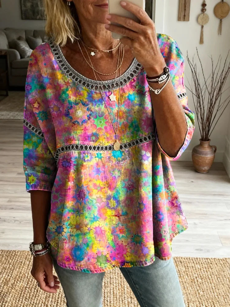 Women's Retro Colorful Star Art Print Casual Round Neck Hollow-out Top