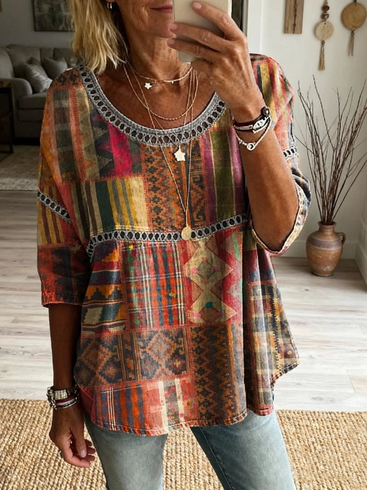 Ethnicity Totem Patchwork Women's Vintage Art Print Casual Round Neck Cutout Top