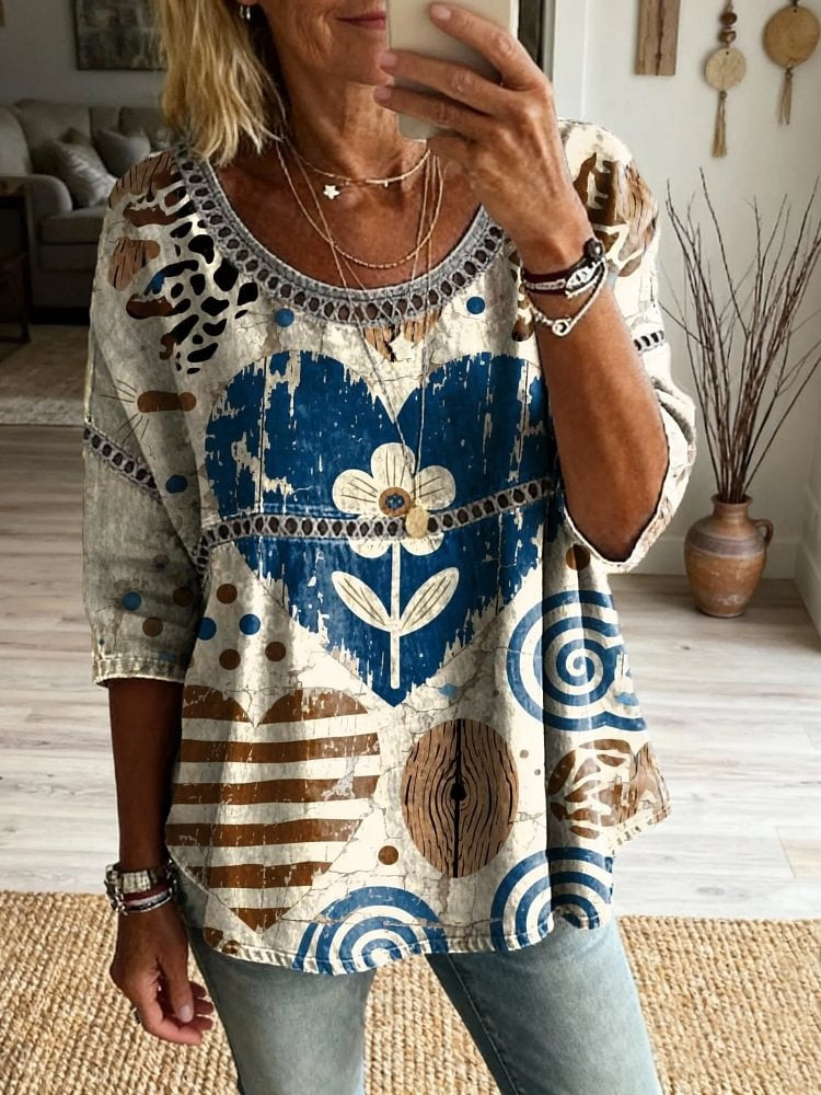 Women's Floral Heart Pattern Art Print Cotton Denim Dress With Lace Trim