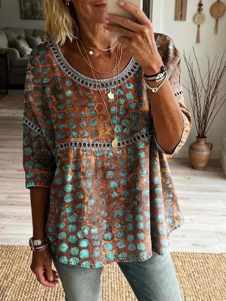 Women's Retro Art Print Casual Round Neck Cotton Linen Shirt