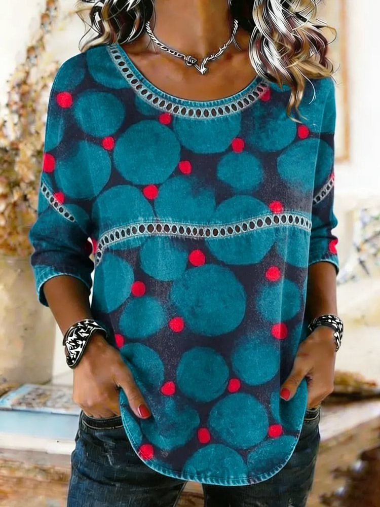 Women's Ethnic Art Print Lace Trim Shirt