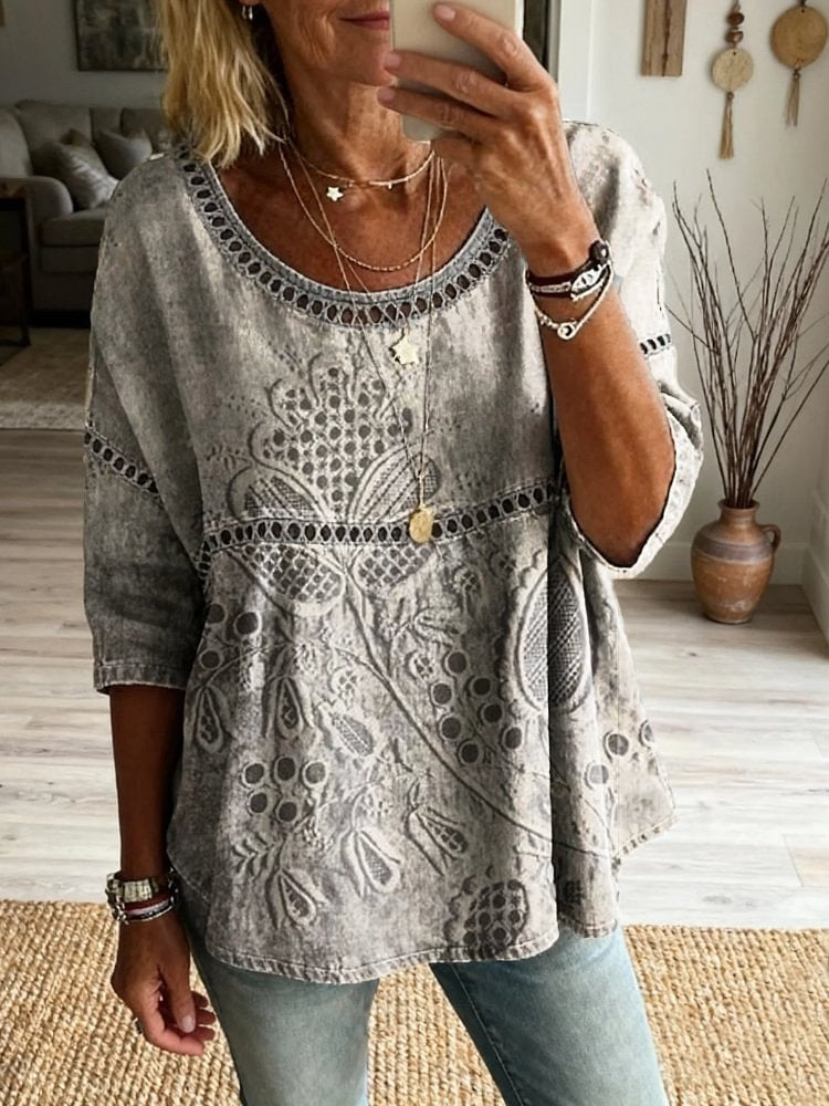 Women's Floral Pattern Art Print Casual Round Neck Lace-up Top