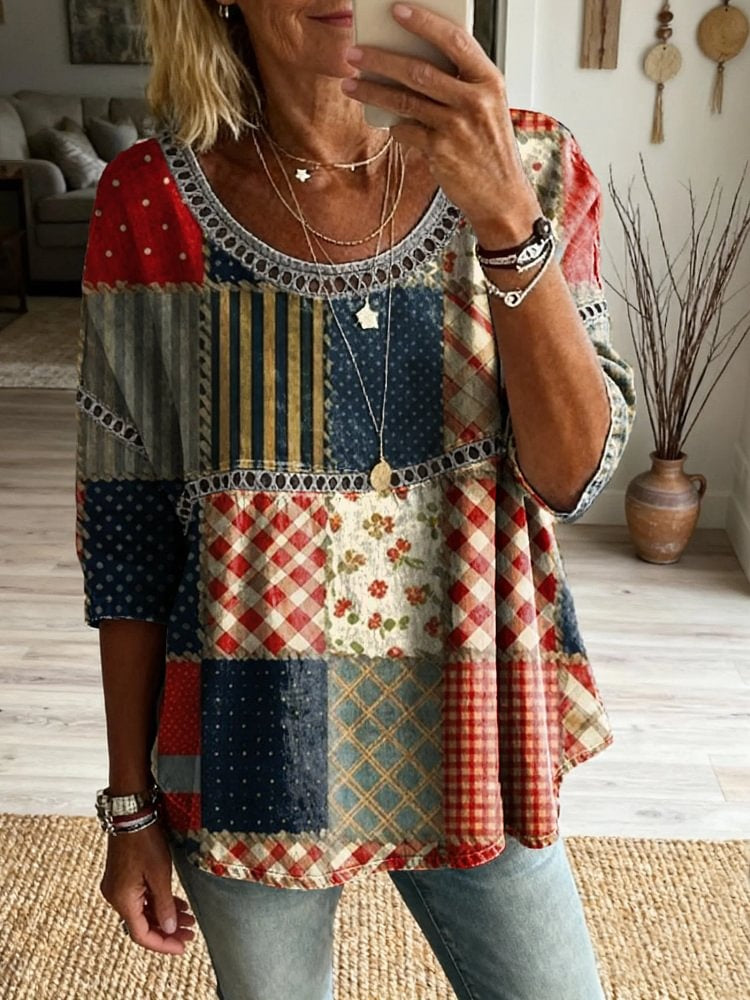 Women's Bohemian style floral patchwork art print casual round neck cutout top