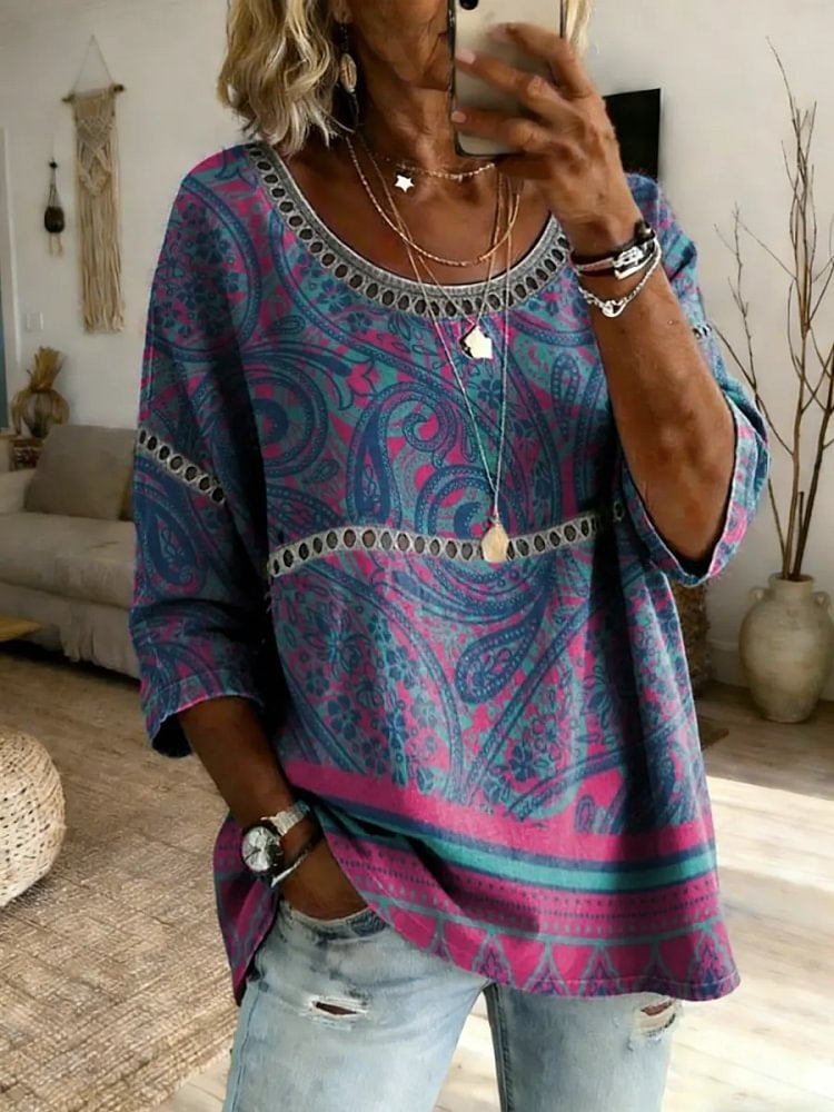 Women's Ethnic Floral Art Print Top with Lace Trim