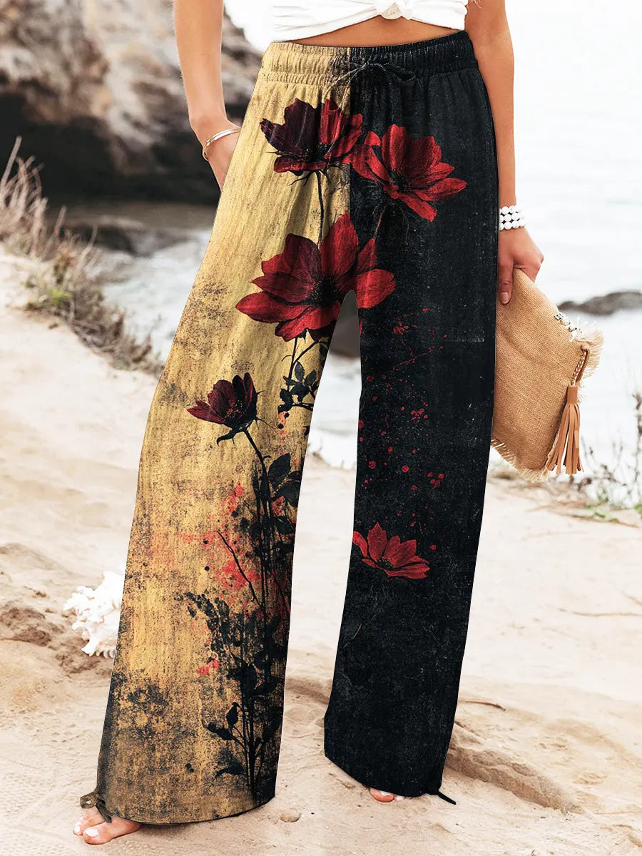 Women's Retro Rose Floral Art Print Cotton Linen Casual Pants