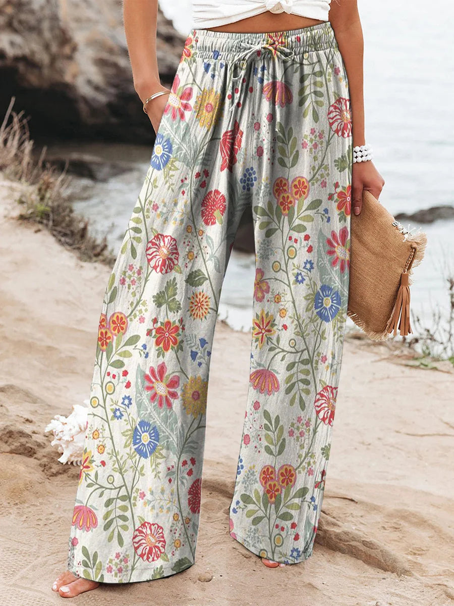 Women's Floral Art Print Cotton Linen Casual Pants