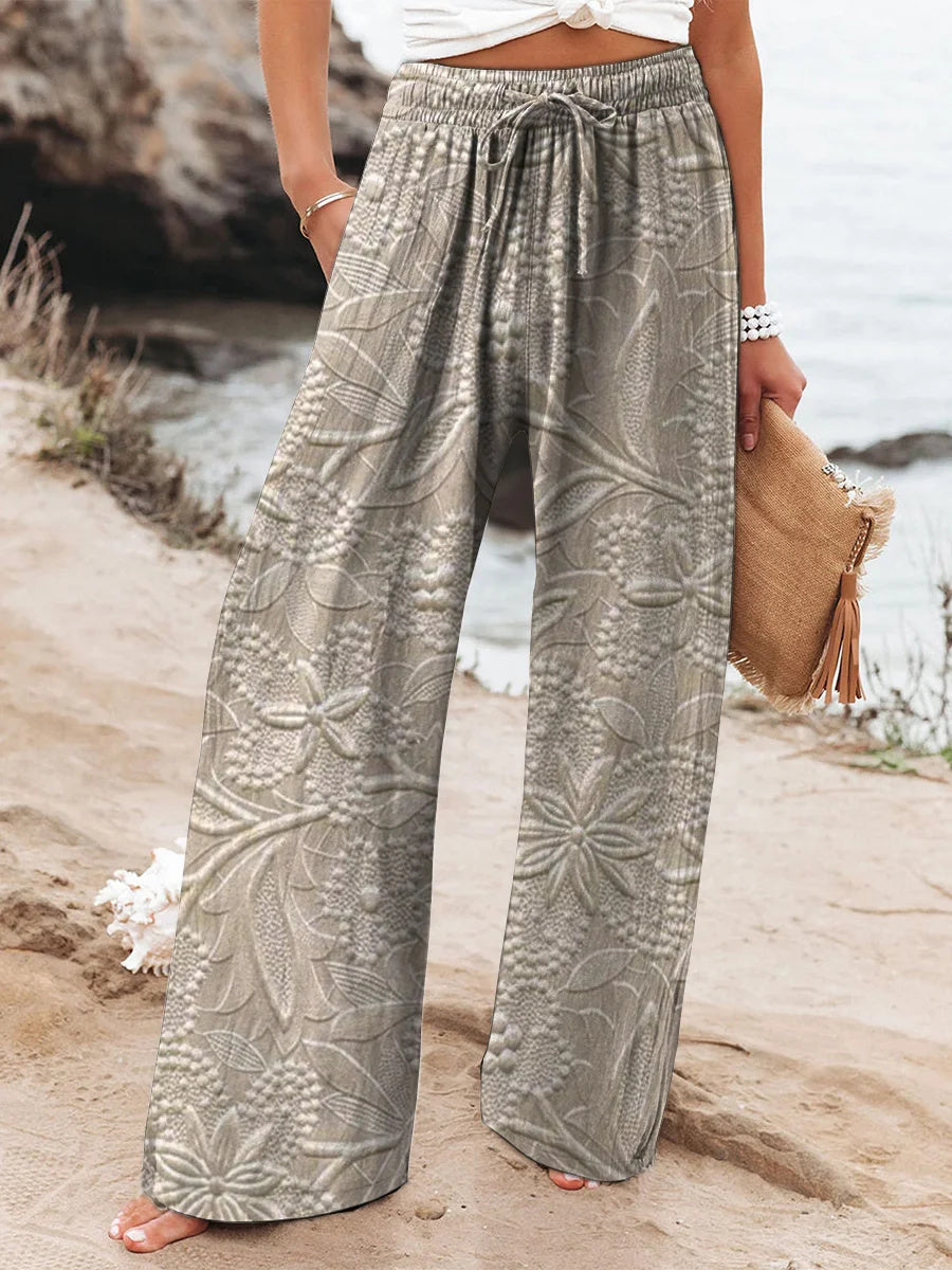 Women's Floral Texture Art Print Cotton And Linen Casual Pants