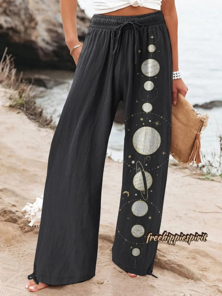 Women's Cotton Linen Casual Pants with Moon Pattern Print