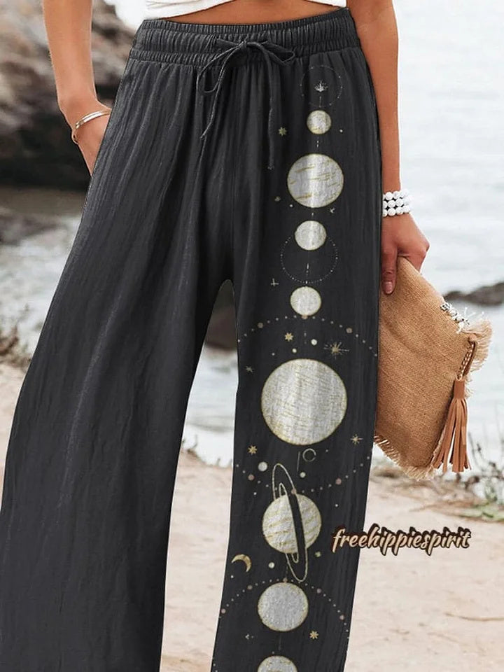 Women's Cotton Linen Casual Pants with Moon Pattern Print