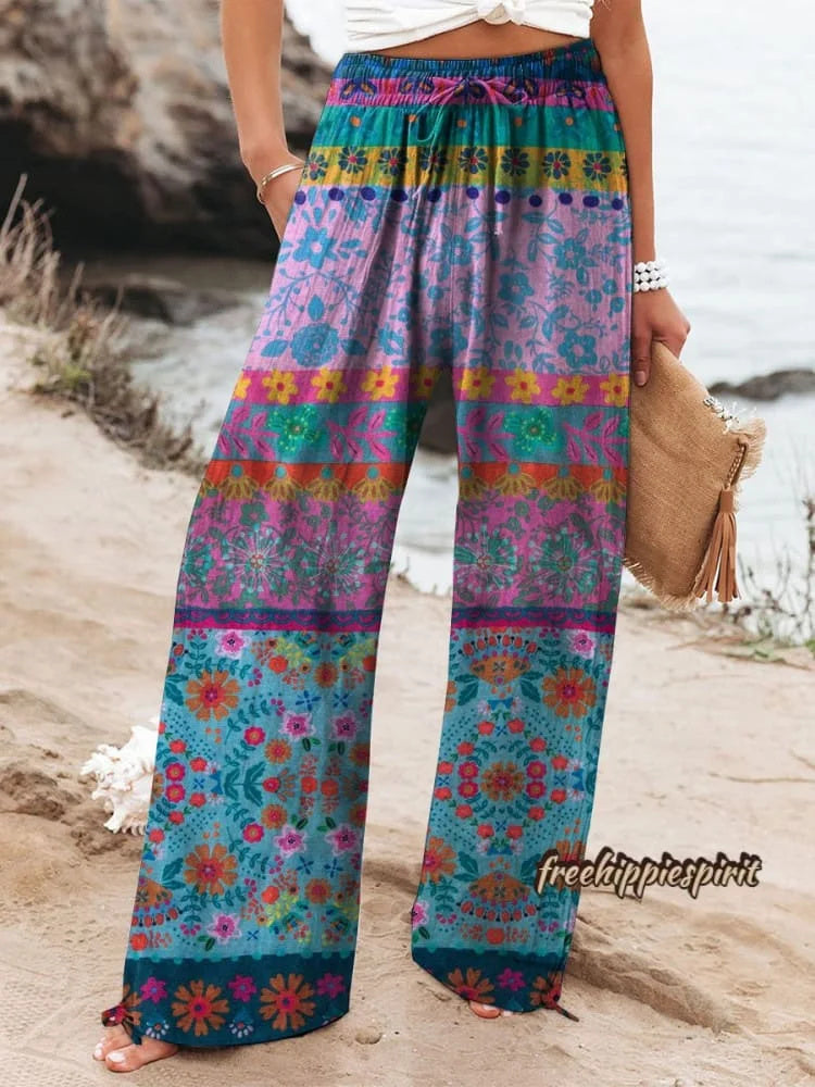 Women's Floral Patchwork Art Print Cotton Linen Casual Pants