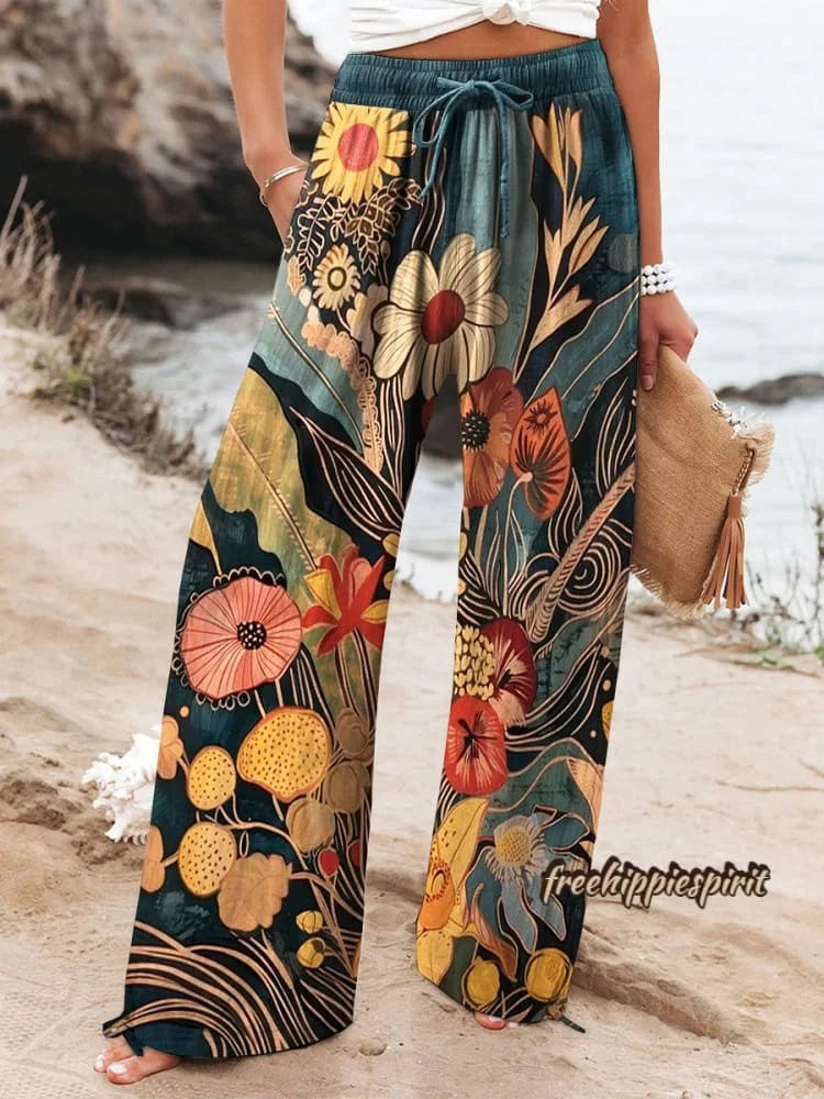 Women's Retro Indian Folk Floral Art Print Cotton Linen Casual Pants