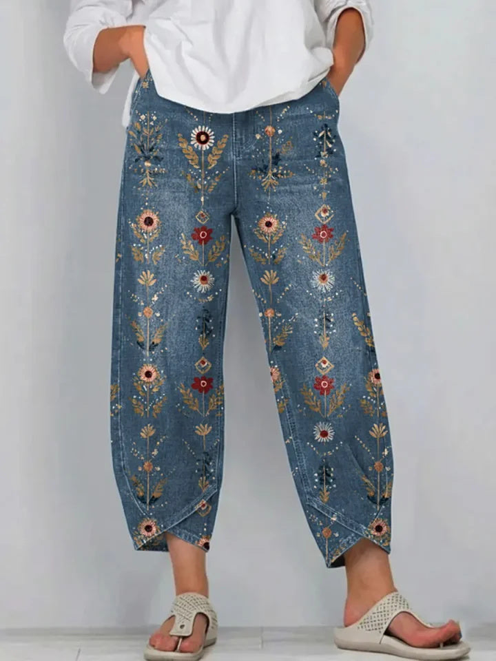 Women's Retro Floral Art Print Jeans