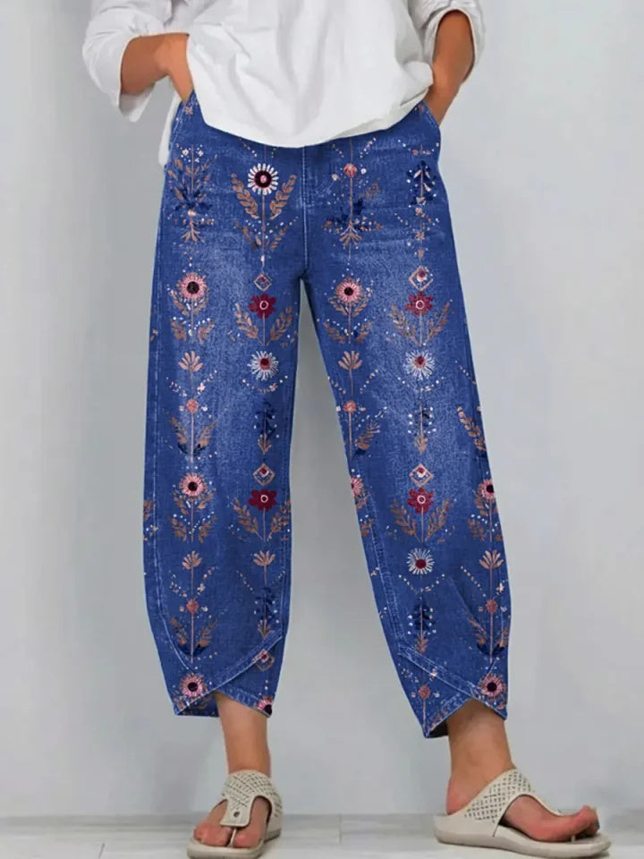 Women's Retro Floral Art Print Jeans