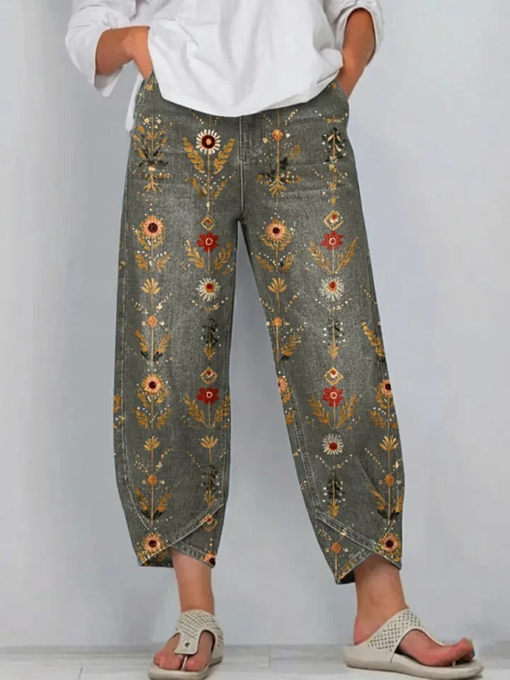 Women's Retro Floral Art Print Jeans