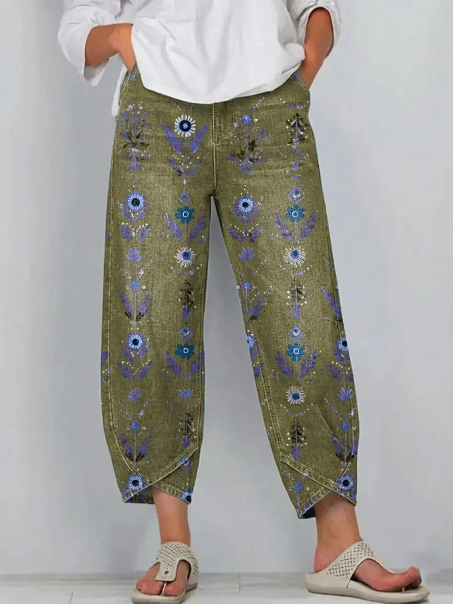 Women's Retro Floral Art Print Jeans