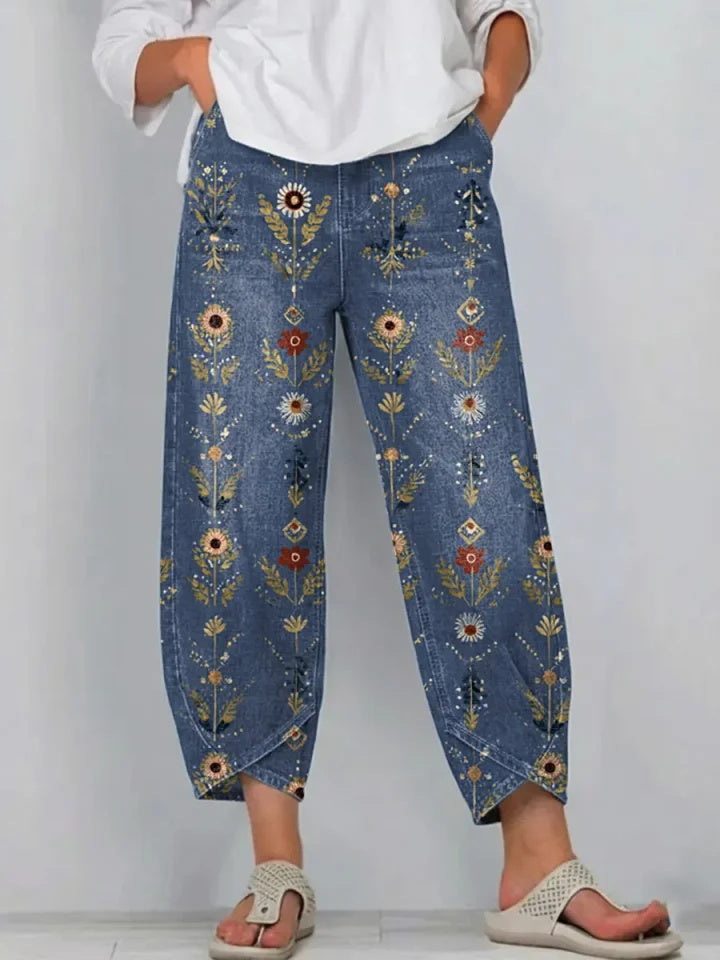 Women's Retro Floral Art Print Jeans