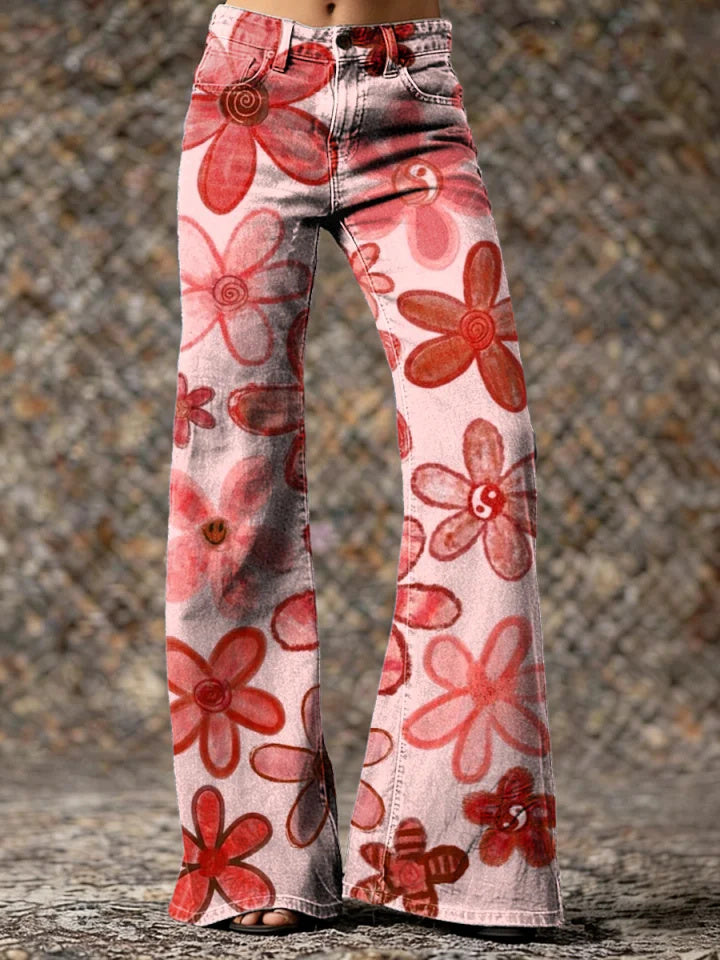 Women's Green Cute Floral Hippie Art Printed Casual Slim Denim Wide Leg Pants