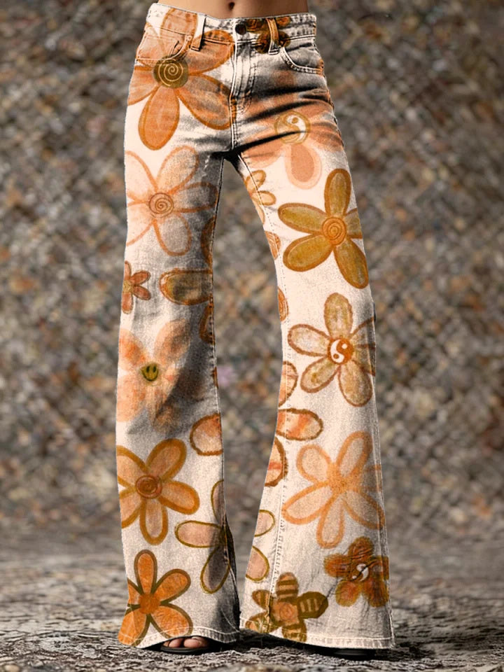 Women's Green Cute Floral Hippie Art Printed Casual Slim Denim Wide Leg Pants