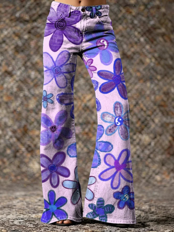 Women's Green Cute Floral Hippie Art Printed Casual Slim Denim Wide Leg Pants