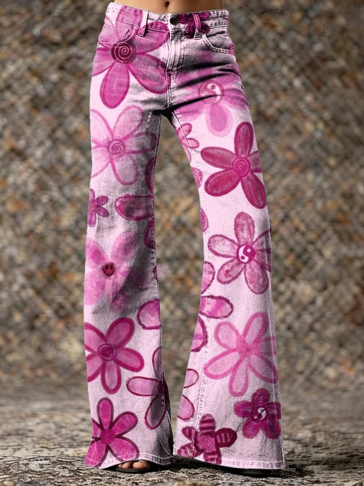 Women's Green Cute Floral Hippie Art Printed Casual Slim Denim Wide Leg Pants
