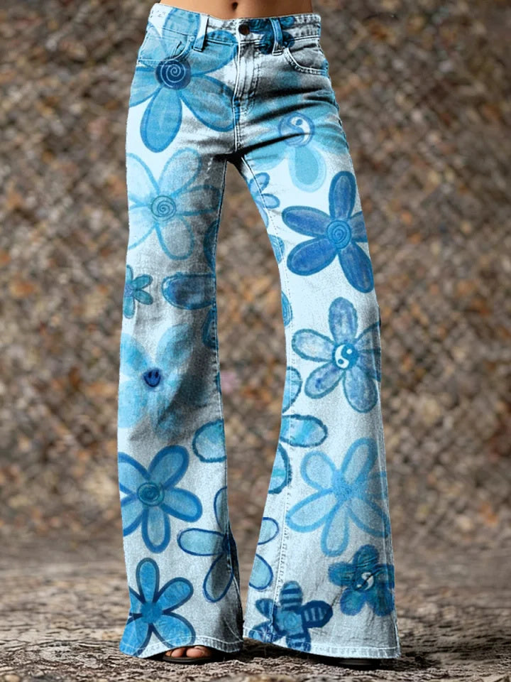 Women's Green Cute Floral Hippie Art Printed Casual Slim Denim Wide Leg Pants