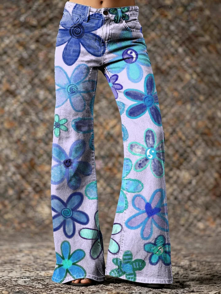 Women's Green Cute Floral Hippie Art Printed Casual Slim Denim Wide Leg Pants