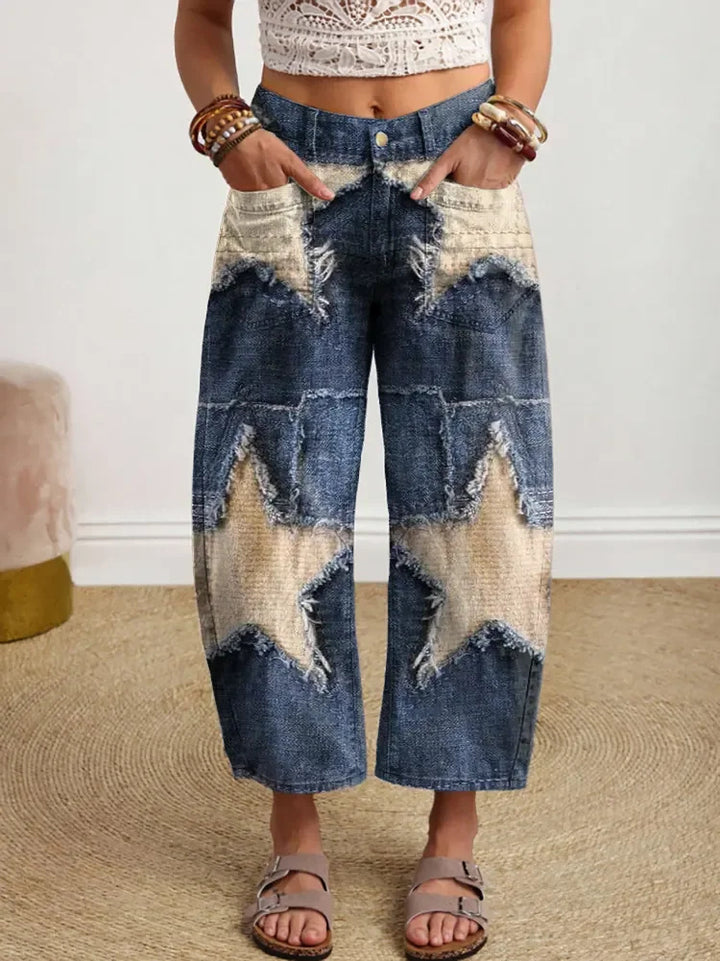 Ethnic Style Star-Shaped Patchwork Women's Art Print Jeans