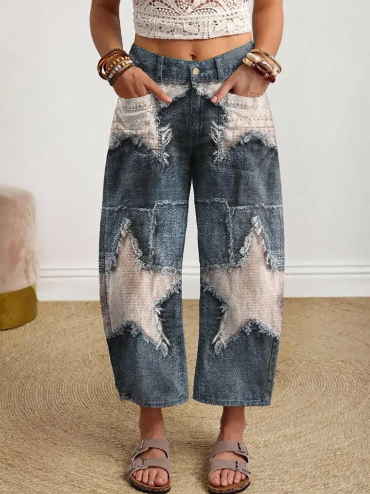 Ethnic Style Star-Shaped Patchwork Women's Art Print Jeans