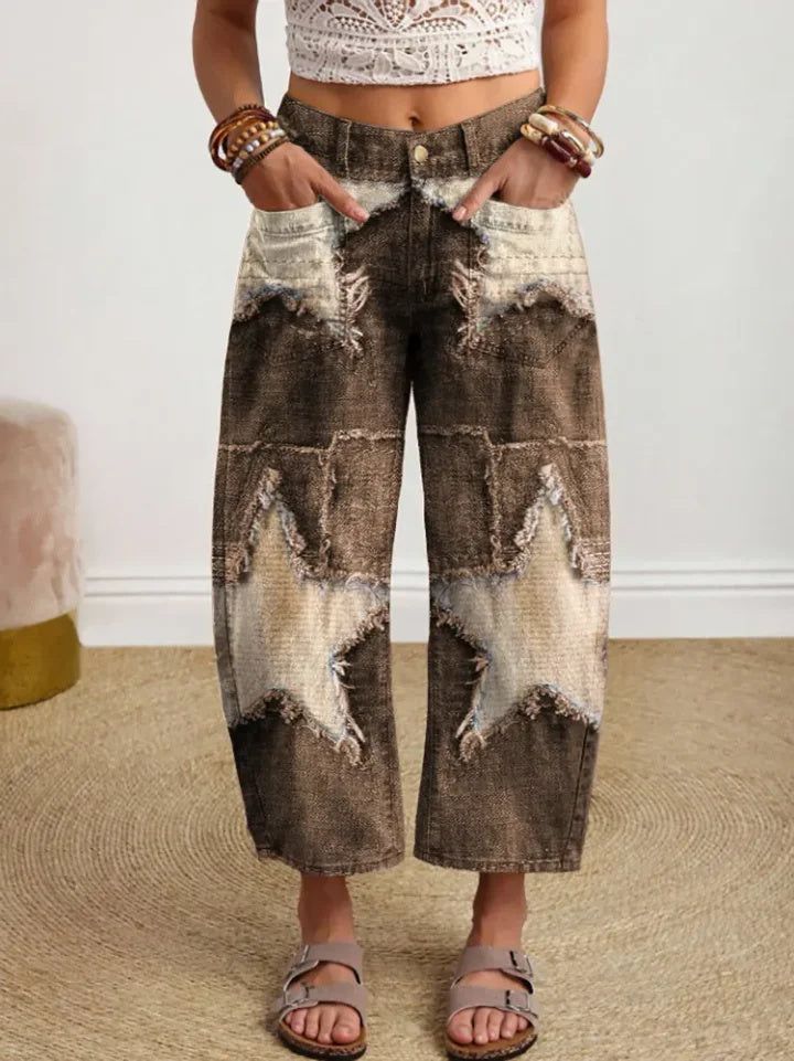 Ethnic Style Star-Shaped Patchwork Women's Art Print Jeans