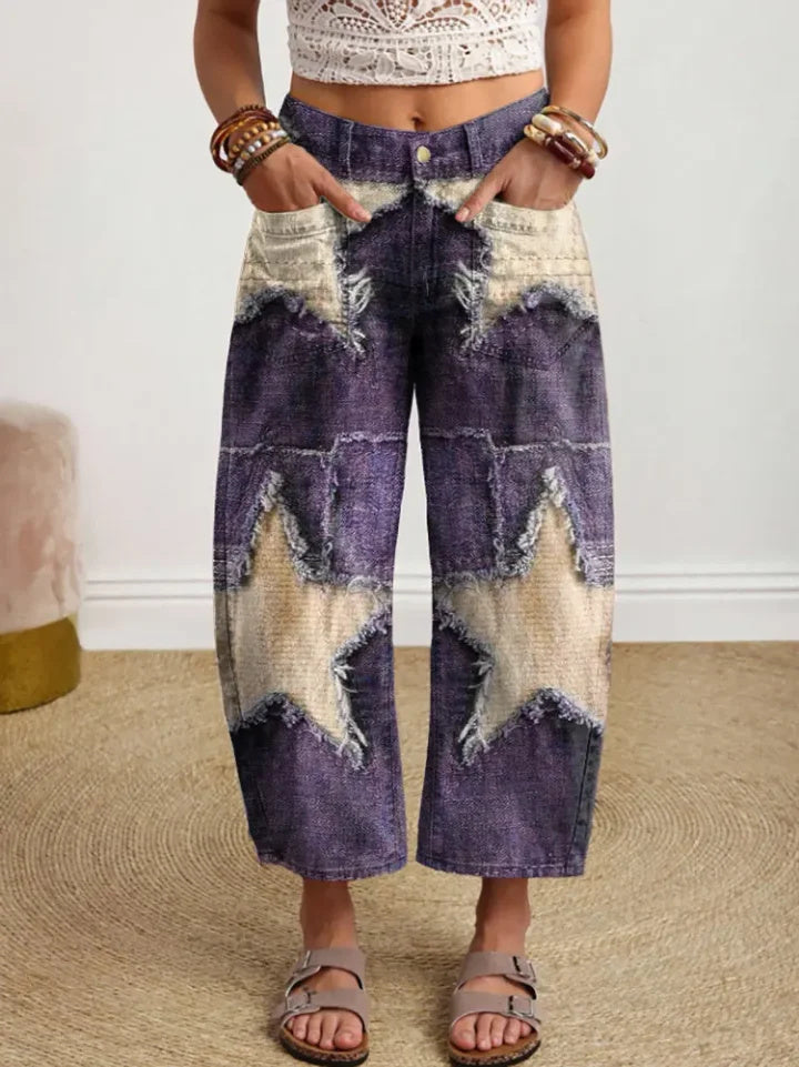 Ethnic Style Star-Shaped Patchwork Women's Art Print Jeans