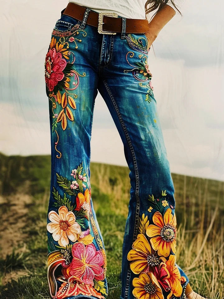 Retro Art Floral Print Western Jeans