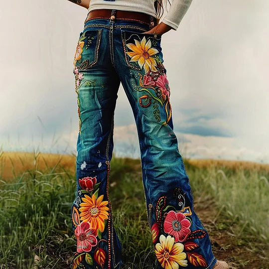 Retro Art Floral Print Western Jeans