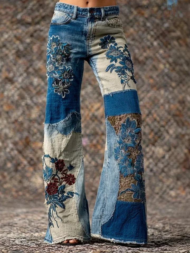 Women's Retro Bohemian Style Floral Art Print Casual Jeans