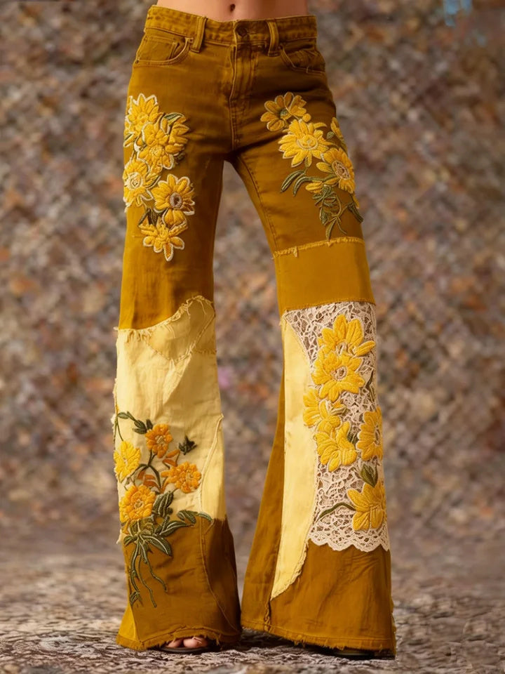 Women's Retro Bohemian Style Floral Art Print Casual Jeans