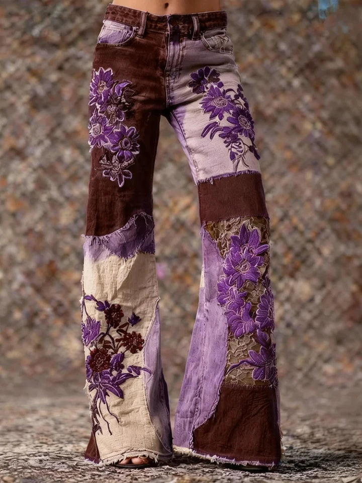 Women's Retro Bohemian Style Floral Art Print Casual Jeans