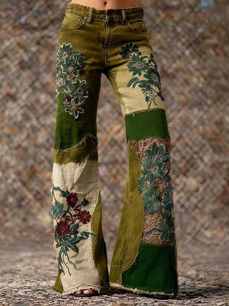 Women's Retro Bohemian Style Floral Art Print Casual Jeans