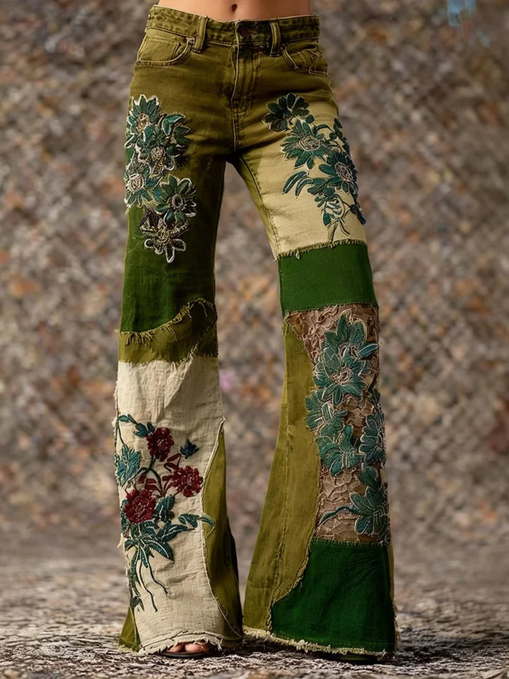 Women's Retro Bohemian Style Floral Art Print Casual Jeans