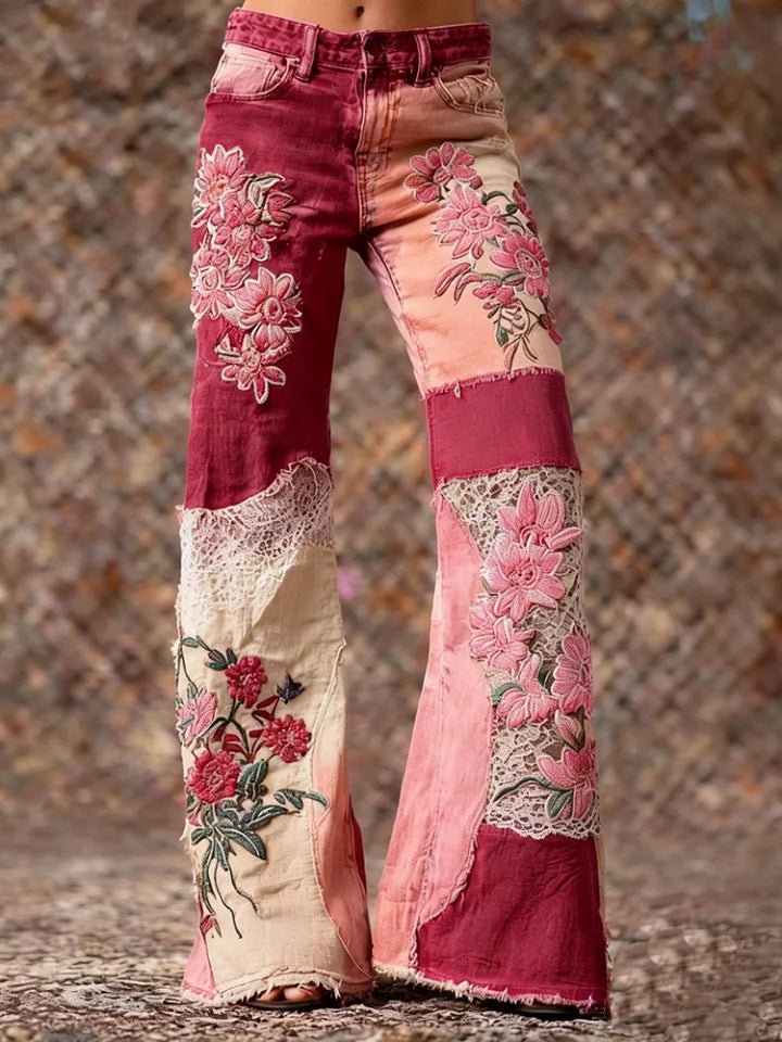 Women's Retro Bohemian Style Floral Art Print Casual Jeans